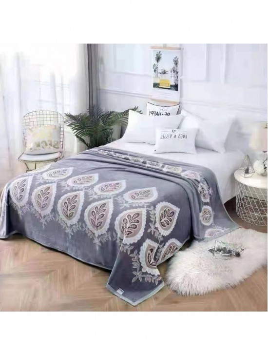 Leaf Print Embroidered Microfiber Soft Printed Flannel Blanket (with gift packaging) 